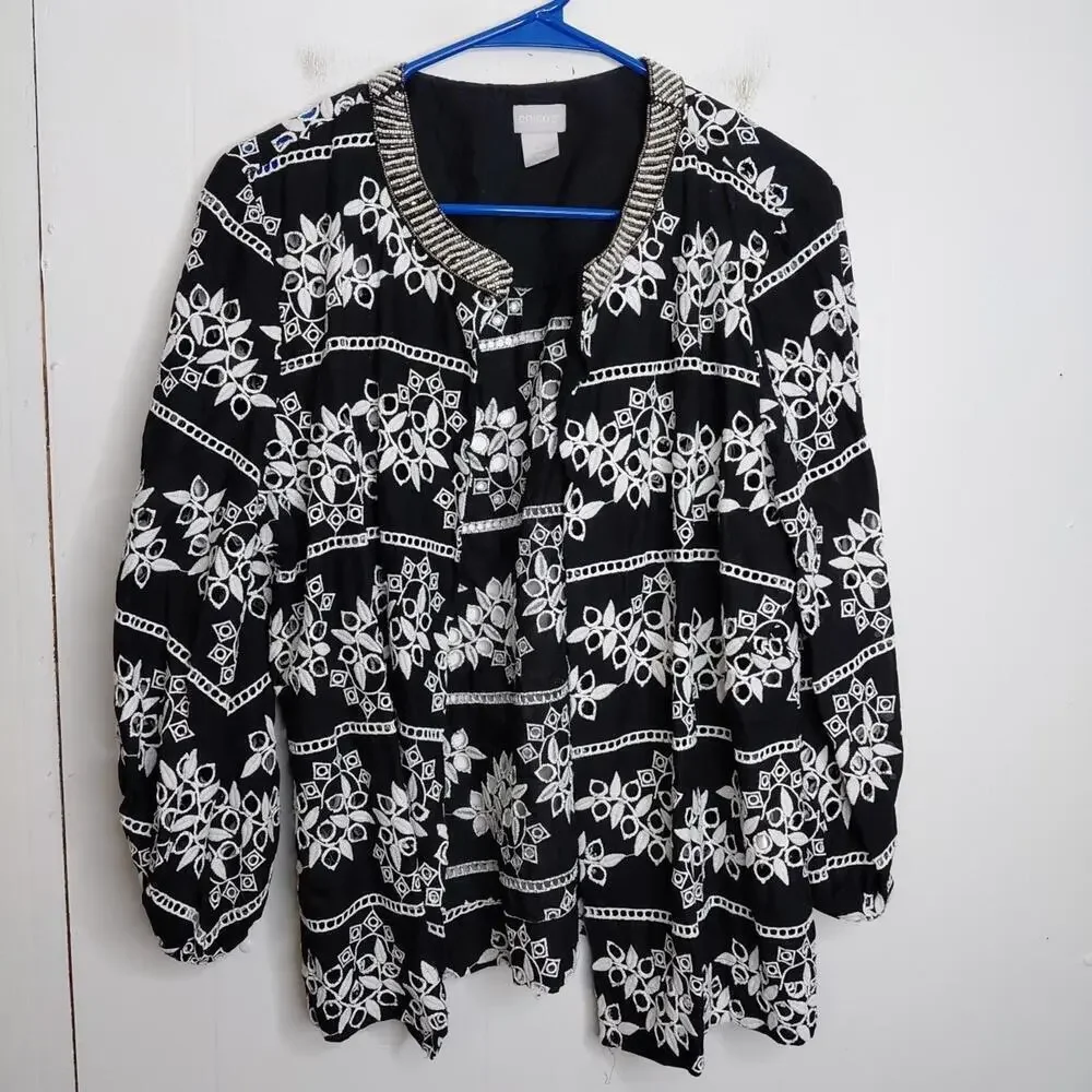 Chicos Jacket Cardigan Womens 2 Large 12 Eyelet Beaded Neckline Summer Event